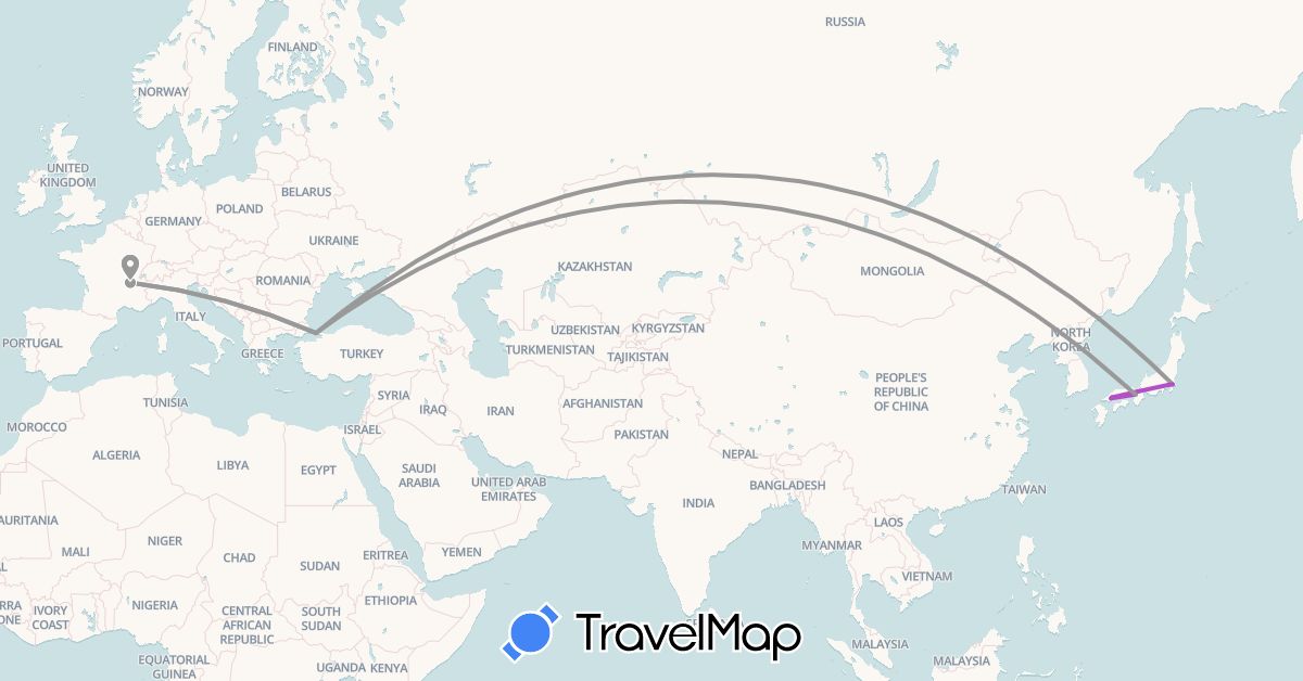 TravelMap itinerary: driving, plane, train in France, Japan, Turkey (Asia, Europe)